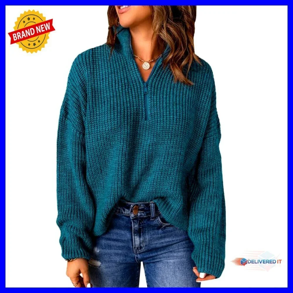 Long Sleeve 1/4 Zip Pullover Sweater V Neck Chic Casual Stretchy Knit Top